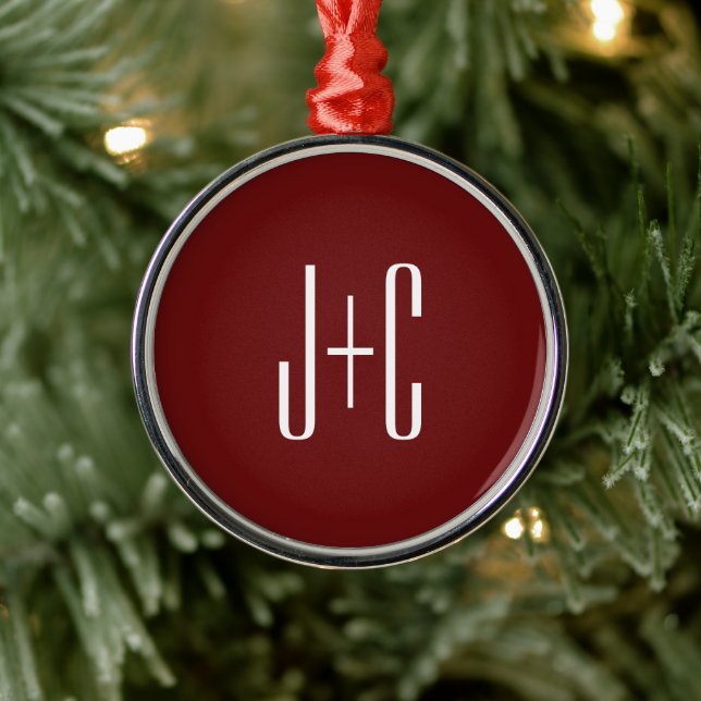 Editable Burgundy Red Background & White Text  Metal Ornament (Tree)