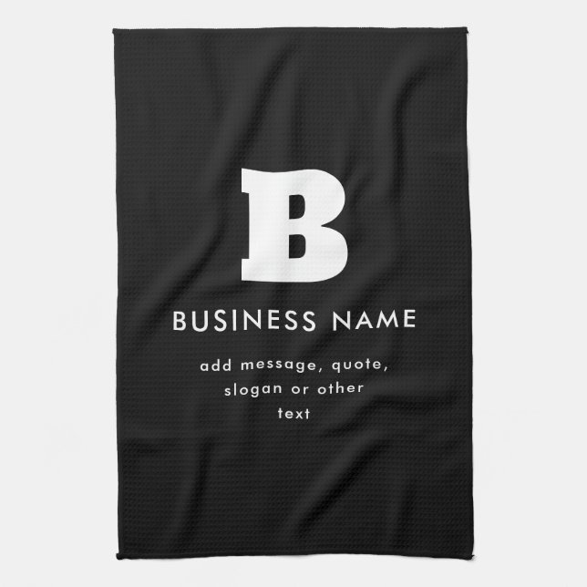 Editable Business Name & Slogan | Black & White Tea Towel (Vertical)