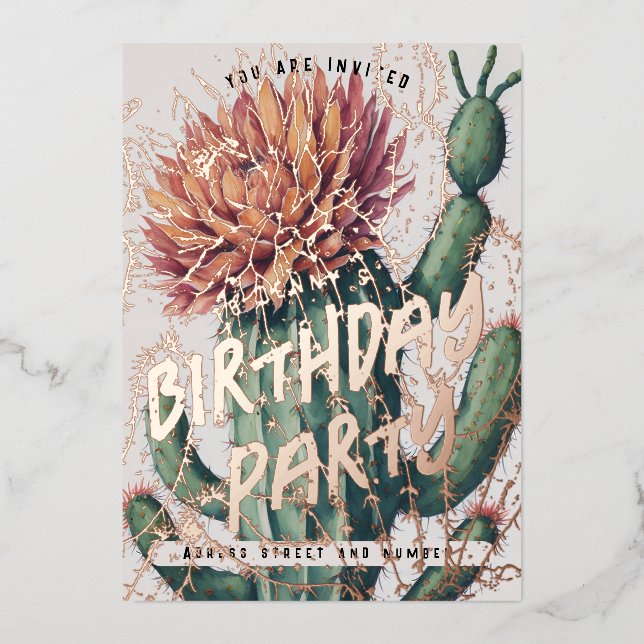 Editable Cactus Birthday Party Foil Invitation (Front)