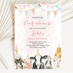 Editable Calling All Party Animals Farm Girl Birth Invitation