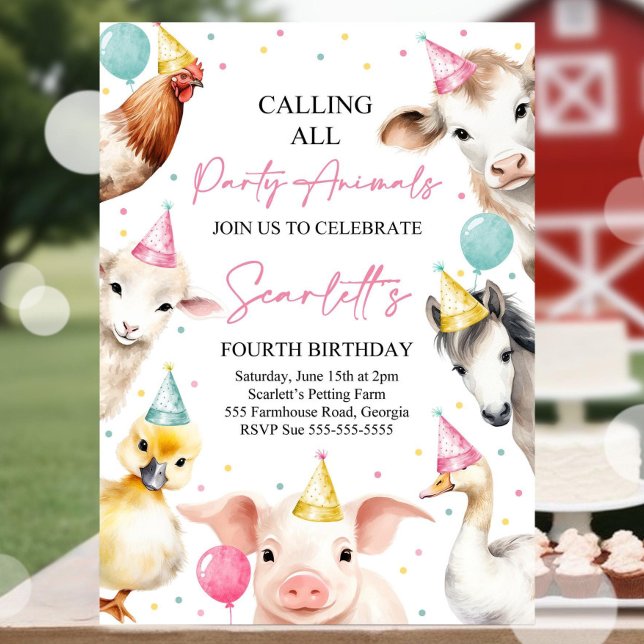 Editable Calling All Party Animals Farm Girl Birth Invitation (Creator Uploaded)