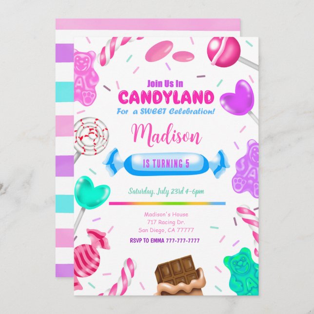 Editable Candy land Birthday Invitation (Front/Back)