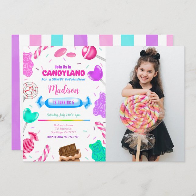 Editable Candy land Birthday Photo Invitation (Front/Back)