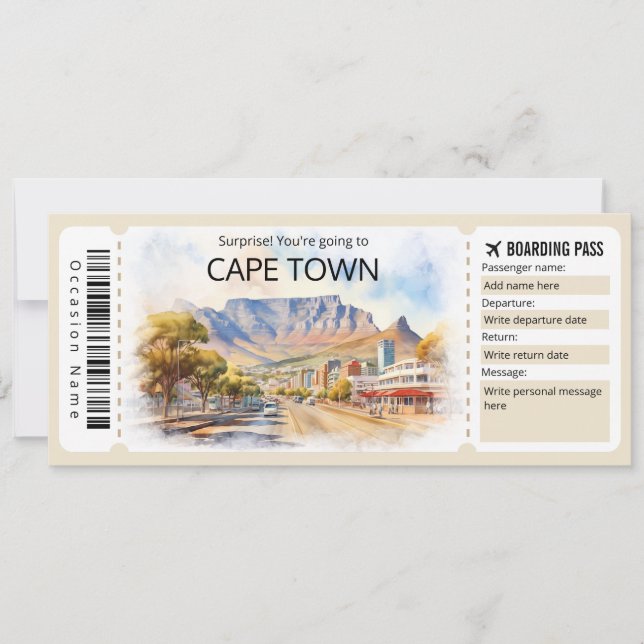 Editable Cape Town Plane ticket, Cape Town Trip Invitation (Front)