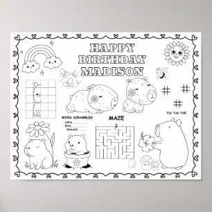 Editable capybara birthday colouring mat poster