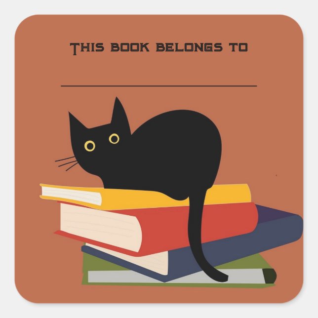 Editable Cat and Books Bookplate Sticker (Front)