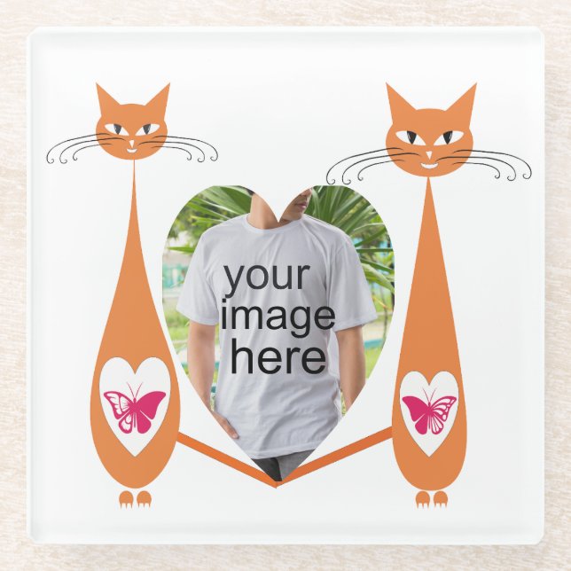 Editable Cat Love Heart – Custom Design Glass Coaster (Front)