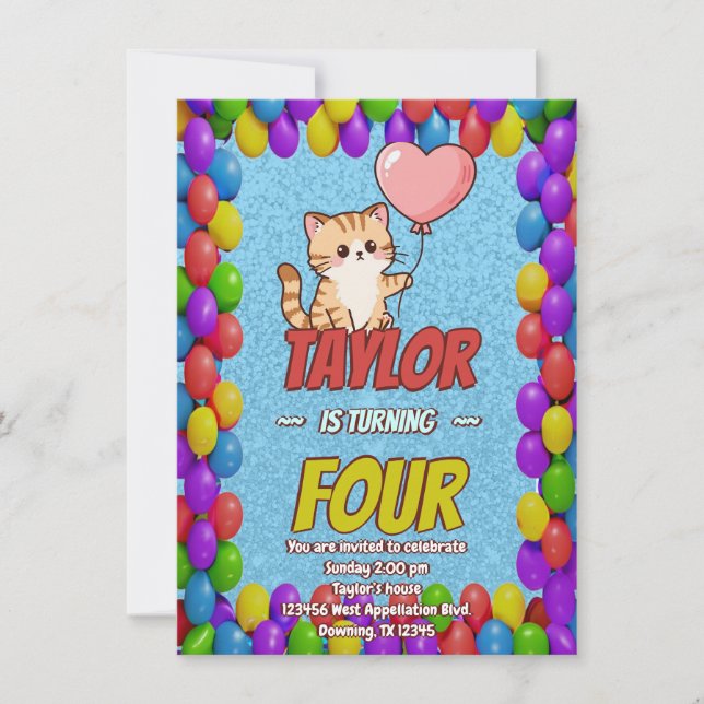 Editable Cat-Themed Birthday Invitation Balloons (Front)