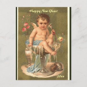 Editable Champagne Cherub Happy New Year Postcard