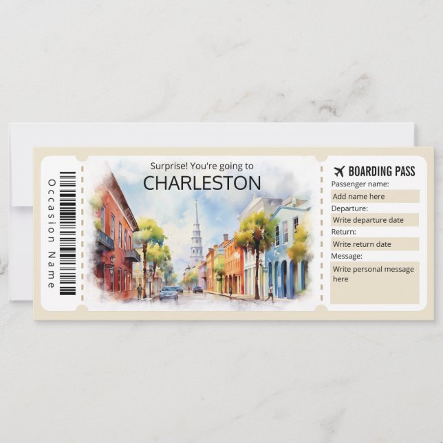 Editable Charleston Plane ticket, South Carolina Invitation (Front)