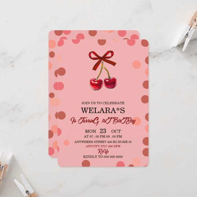Editable Cherry 1st Birthday Birthday Invitation T (Front/Back In Situ)