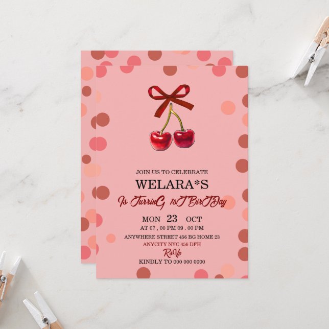 Editable Cherry 1st Birthday Birthday Invitation T (Front/Back In Situ)
