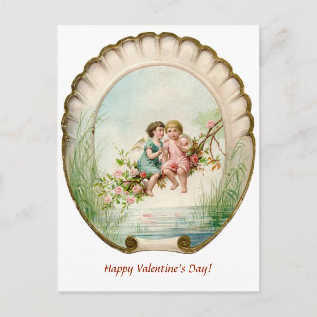 Editable Cherubs on a Branch of Roses Valentine Postcard (Front)