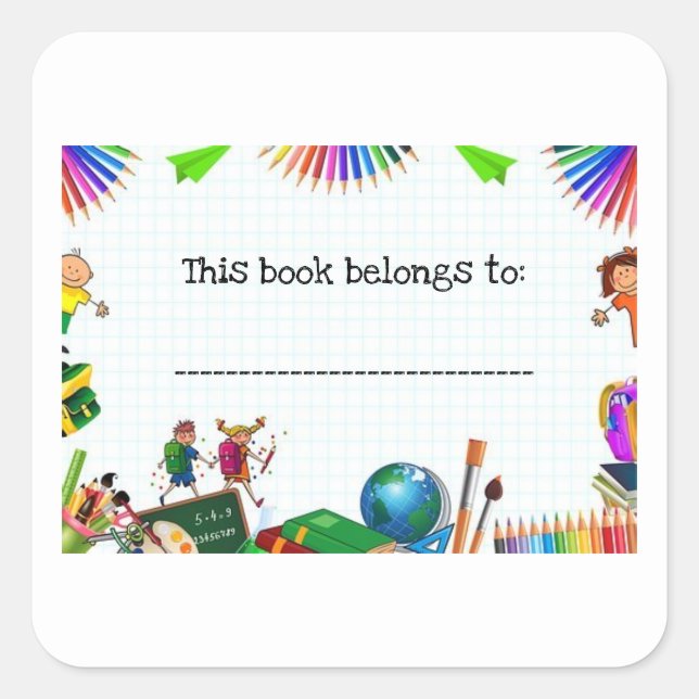 Editable Children and School Supplies Bookplate Square Sticker (Front)