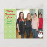 Editable Christmas Post Card with Snowman<br><div class="desc">Add your own names,  and photo to this cute post card. It's so easy to mail out post cards and add your own touch by putting your favorite family picture on it!</div>