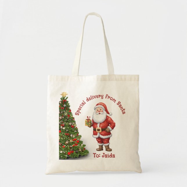 Editable Christmas Tree Santa With Present Tote Bag (Front)