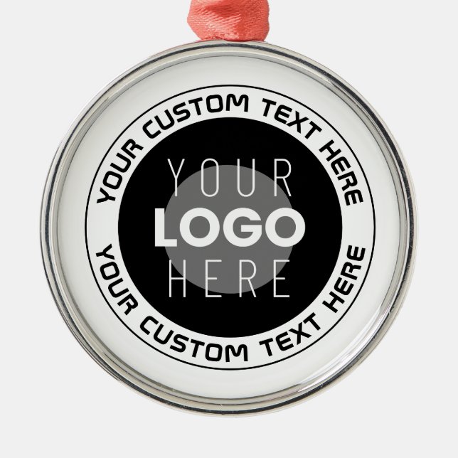 Editable Circular Text & Replaceable Logo | B&W Metal Ornament (Front)