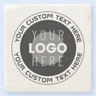 Editable Circular Text & Replaceable Logo   B&W Stone Coaster