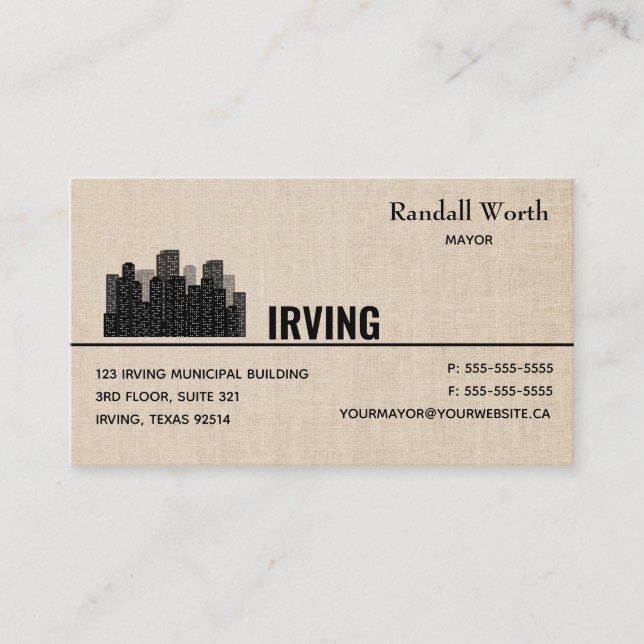 Editable City Skyline Linen Business Business Card (Front)