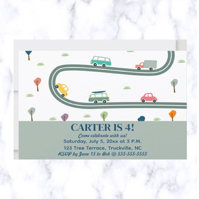 Editable City Traffic Cars Trucks Trees Birthday Invitation (Creator Uploaded)