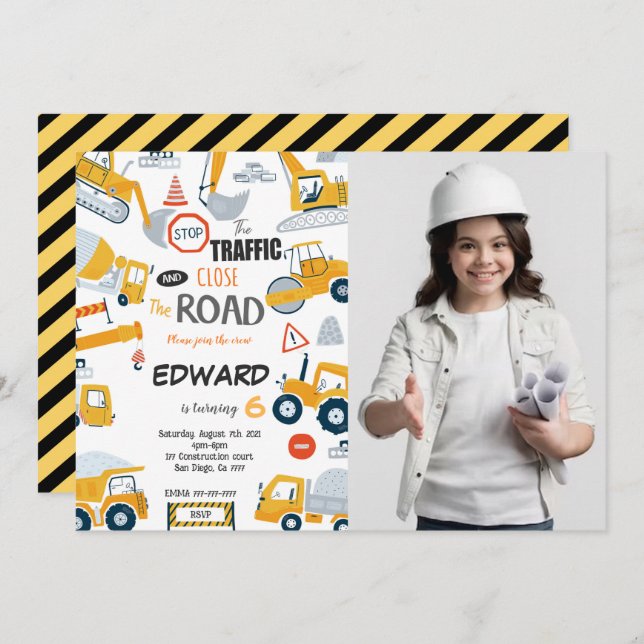 Editable Close the Road Construction photo Invitation (Front/Back)