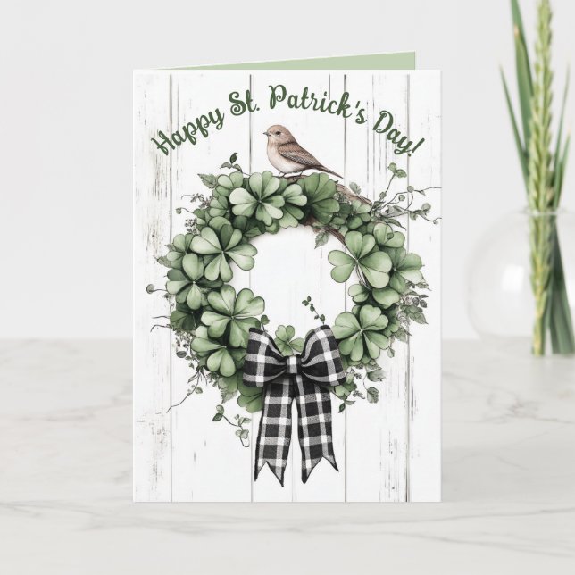 Editable Clover Wreath and Bird St Patricks Day Card (Front)