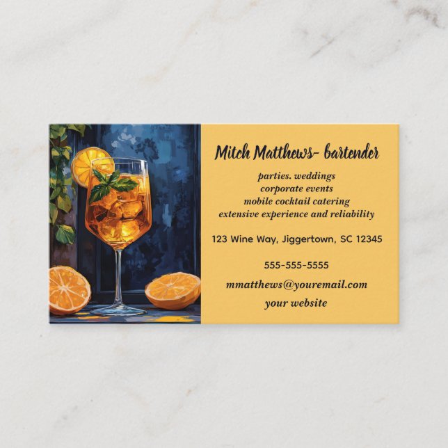 Editable Cocktail Glass Bartender Business Card (Front)