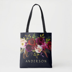 EDITABLE COLOR Navy Marsala Rustic Boho Floral Tote Bag