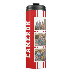 Editable Color Sporty Varsity White Stripes Photo Thermal Tumbler