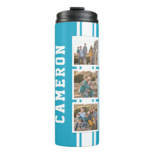 Editable Color Sporty Varsity White Stripes Photo Thermal Tumbler