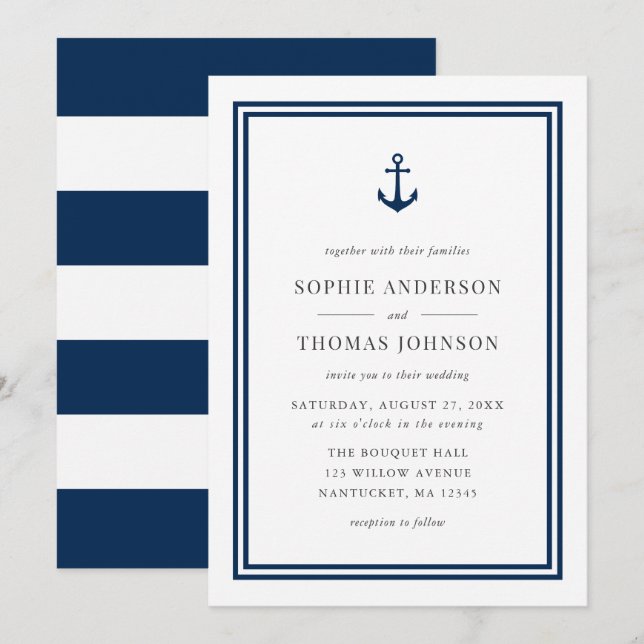 Editable Colour Anchor and White Stripes Wedding Invitation (Front/Back)