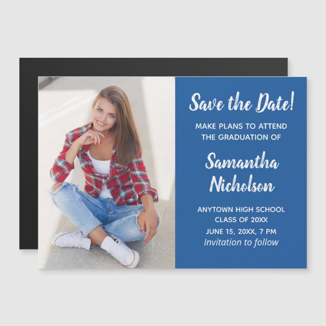 Editable Colour Blue Graduation Photo Save Date  (Front/Back)