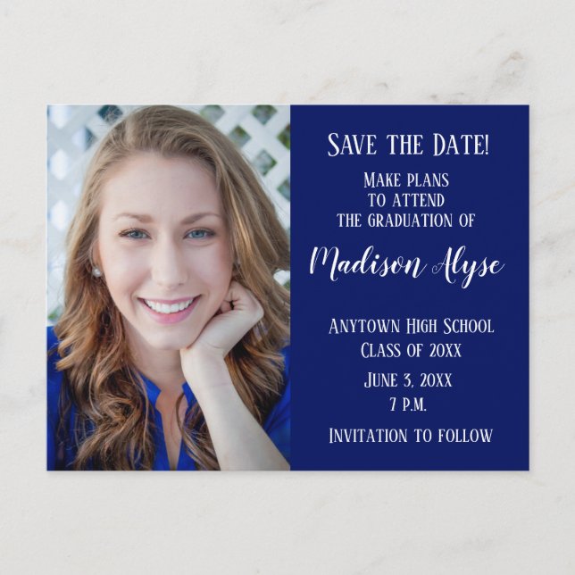 Editable Colour Blue Photo Graduation Save Date Announcement Postcard (Front)