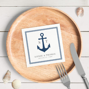 Editable Colour Border Monogram Anchor Wedding Napkin