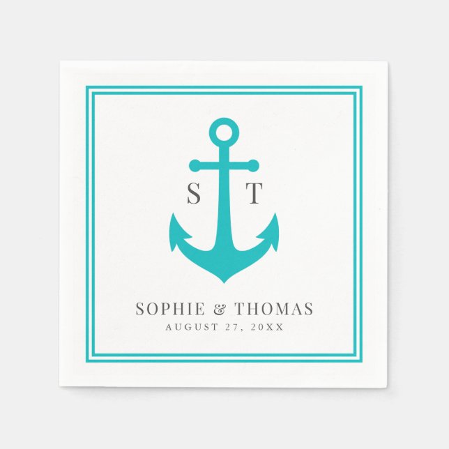 Editable Colour Border Monogram Anchor Wedding Napkin (Front)