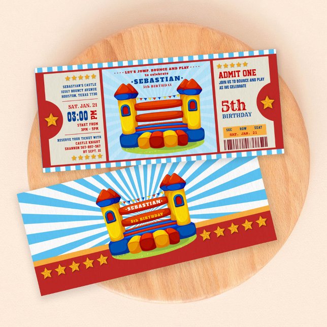 Editable Colour Bounce House Ticket Birthday Invitation (Creator Uploaded)
