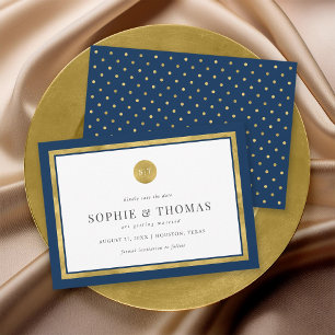 Editable Colour Classic Gold Monogram Save the Dat Invitation