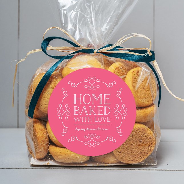 Editable Colour Flourishes Home Baked With Love Classic Round Sticker (Creator Uploaded)