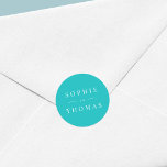 Editable Colour Modern Classic Wedding Classic Round Sticker<br><div class="desc">This wedding sticker features the names of the wedding couple in white against an editable background colour; to change it from turquipse to a colour of your choice, click the customise button. Personalise it by replacing the placeholder text. For more options such as to change the font, it's size and...</div>