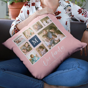 Editable Colour Monogram Our Family Photo Collage Cushion