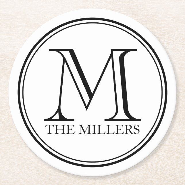 Editable Colour Name / Bar / Diner Round Monogram Paper Coaster (Front)