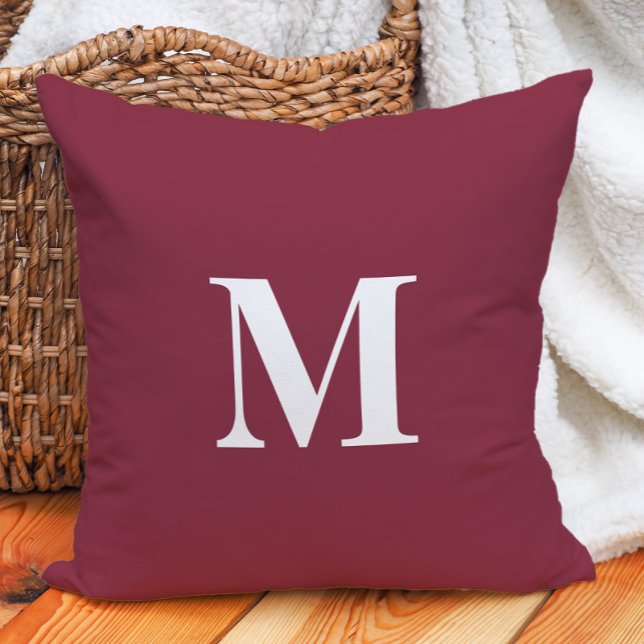 Editable Colour Purple White Monogram Initial Cushion (Burgundy and white monogram decorator pillow)