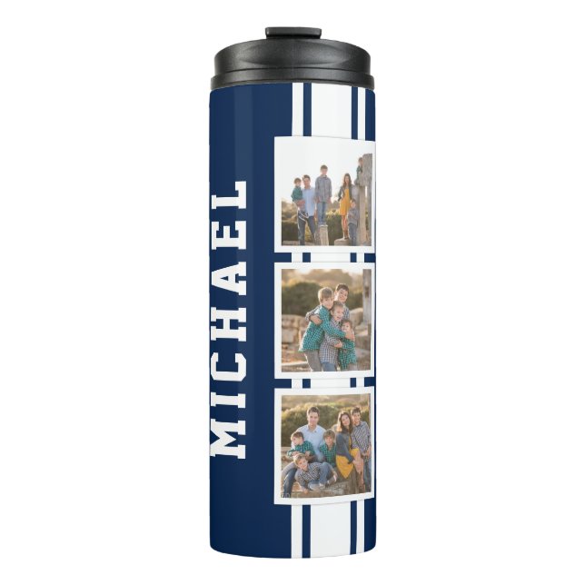 Editable Colour Sporty Varsity White Stripes Photo Thermal Tumbler (Front)
