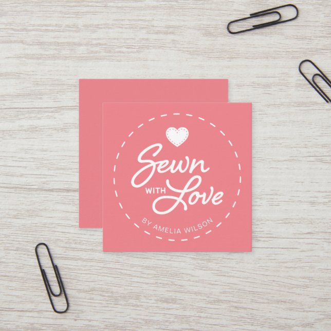 Editable Colour Stylish Sewn with Love Heart Square Business Card (Front/Back In Situ)