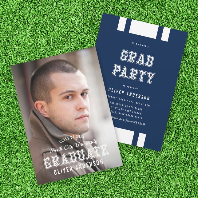 Editable Colour Varsity Photo Graduate Grad Party Invitation (Creator Uploaded)