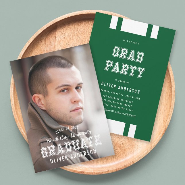 Editable Colour Varsity Photo Graduate Grad Party Invitation (Creator Uploaded)