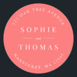 Editable Colour Wedding Return Address Modern Classic Round Sticker<br><div class="desc">Editable Colour Wedding Return Address Modern Classic Round Sticker with text in white against an editable background colour; to change it from coral to a colour of your choice, click the customise button. Personalise it by replacing the placeholder text. For more options such as to change the font, it's size...</div>