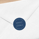Editable Colour Wedding Return Address Modern Classic Round Sticker<br><div class="desc">Editable Colour Wedding Return Address Modern Classic Round Sticker with text in white against an editable background colour; to change it from blue to a colour of your choice, click the customise button. Personalise it by replacing the placeholder text. For more options such as to change the font, it's size...</div>