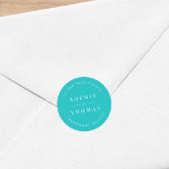 Editable Colour Wedding Return Address Modern Classic Round Sticker<br><div class="desc">Editable Colour Wedding Return Address Modern Classic Round Sticker with text in white against an editable background colour; to change it from turquoise to a colour of your choice, click the customise button. Personalise it by replacing the placeholder text. For more options such as to change the font, it's size...</div>