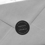 Editable Colour Wedding Return Address Modern Classic Round Sticker<br><div class="desc">Editable Colour Wedding Return Address Modern Classic Round Sticker with text in white against an editable background colour; to change it from black to a colour of your choice, click the customise button. Personalise it by replacing the placeholder text. For more options such as to change the font, it's size...</div>